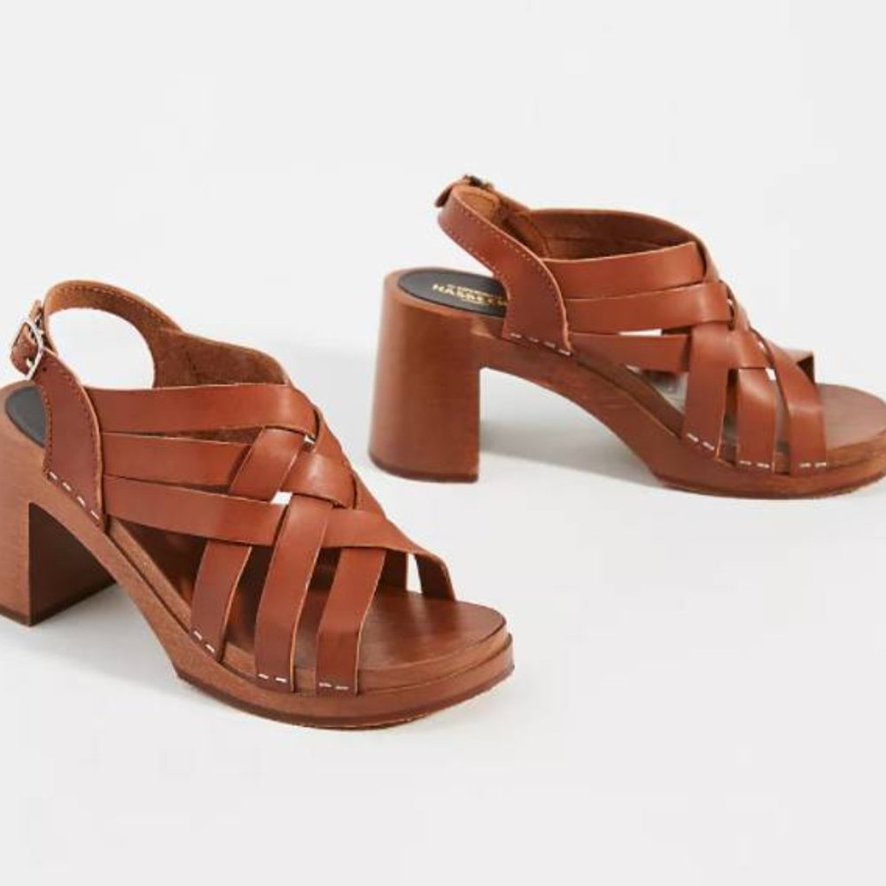 Swedish Hasbeens Brown Leather Woven Block Heel Mules